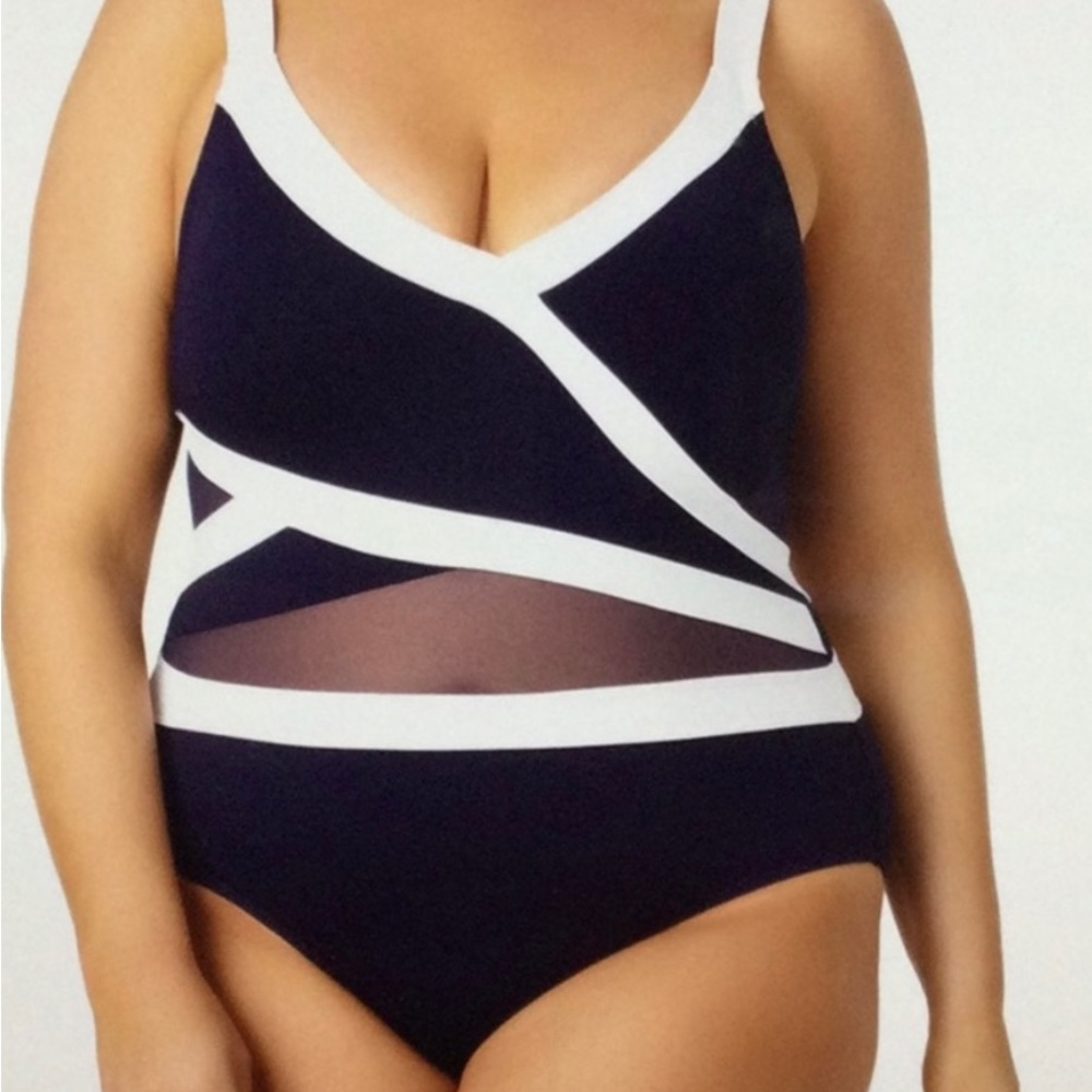 NWT ANNE COLE COLOR BLOCK NAVY WHITE MESH ONE PIECE Plus Size 18W